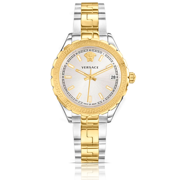 Brand: Versace Series: Hellenyium Model: V12030015 Gender: Ladies Movement: Quartz Water Resistance: 50 meters / 165 feet Features: Stainless Steel, Gold, Analog