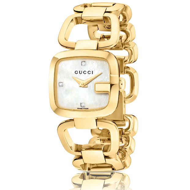 Brand: Gucci Series: G-Gucci Model: YA125513 Gender: Ladies Movement: Quartz Water Resistance: 30 meters / 100 feet Features: Diamond, Gold, Stainless Steel