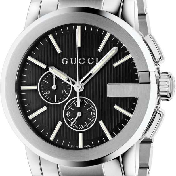 Brand: Gucci Series: Dive Model: YA101204 Gender: Men's Movement: Quartz Water Resistance: 50 meters / 165 feet Features: Chronograph, Stainless Steel, Analog