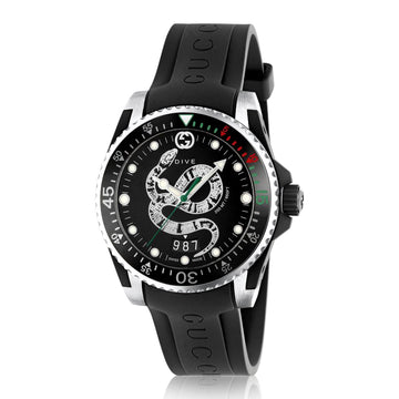Brand: Gucci Series: Dive Model: YA136204 Gender: Men's Movement: Quartz Water Resistance: 200 meters / 660 feet Features: Calendar, Rubber, Stainless Steel