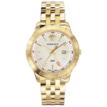 Brand: Versace Series: Univers Model: VEBK00518 Gender: Men's Movement: Quartz Water Resistance: 30 meters / 100 feet Features: Analog, GMT, Gold, Stainless Steel, Time Zone