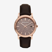 Burberry Taupe Check Pattern Dial Brown Leather Strap BU9013