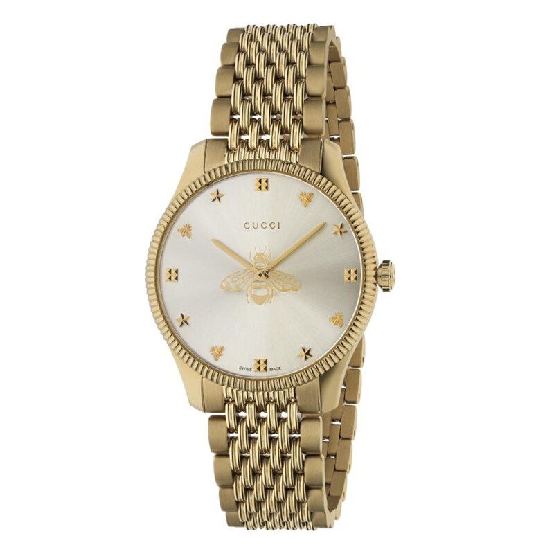 Brand: Gucci Series: G-Timeless Model: YA1264155 Gender: Ladies Movement: Quartz Water Resistance: 50 meters / 165 feet Features: Stainless Steel, Gold, Analog