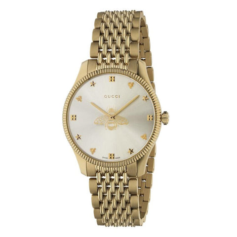 Brand: Gucci Series: G-Timeless Model: YA1264155 Gender: Ladies Movement: Quartz Water Resistance: 50 meters / 165 feet Features: Stainless Steel, Gold, Analog
