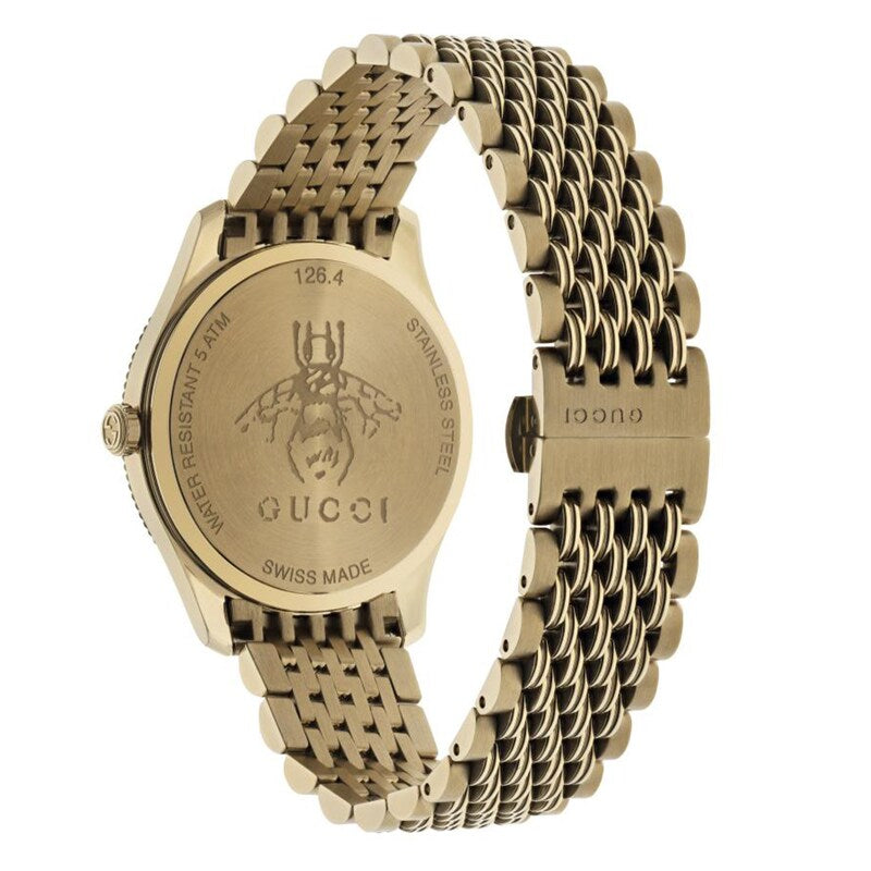 Brand: Gucci Series: G-Timeless Model: YA1264155 Gender: Ladies Movement: Quartz Water Resistance: 50 meters / 165 feet Features: Stainless Steel, Gold, Analog