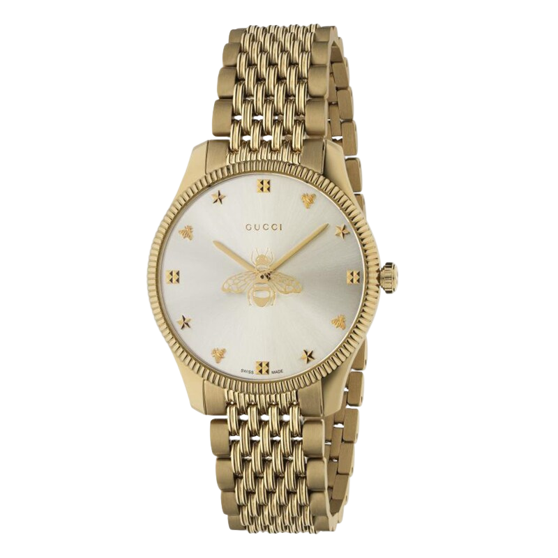 Brand: Gucci Series: G-Timeless Model: YA1264155 Gender: Ladies Movement: Quartz Water Resistance: 50 meters / 165 feet Features: Stainless Steel, Gold, Analog