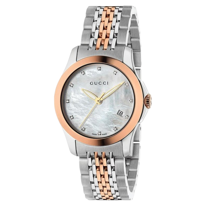 Brand: Gucci Series: G-Timeless Model: YA126514 Gender: Ladies Movement: Quartz Water Resistance: 50 meters / 165 feet Features: Calendar, Diamond, Gold, Stainless Steel