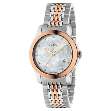 Brand: Gucci Series: G-Timeless Model: YA126514 Gender: Ladies Movement: Quartz Water Resistance: 50 meters / 165 feet Features: Calendar, Diamond, Gold, Stainless Steel