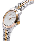 Brand: Gucci Series: G-Timeless Model: YA126514 Gender: Ladies Movement: Quartz Water Resistance: 50 meters / 165 feet Features: Calendar, Diamond, Gold, Stainless Steel