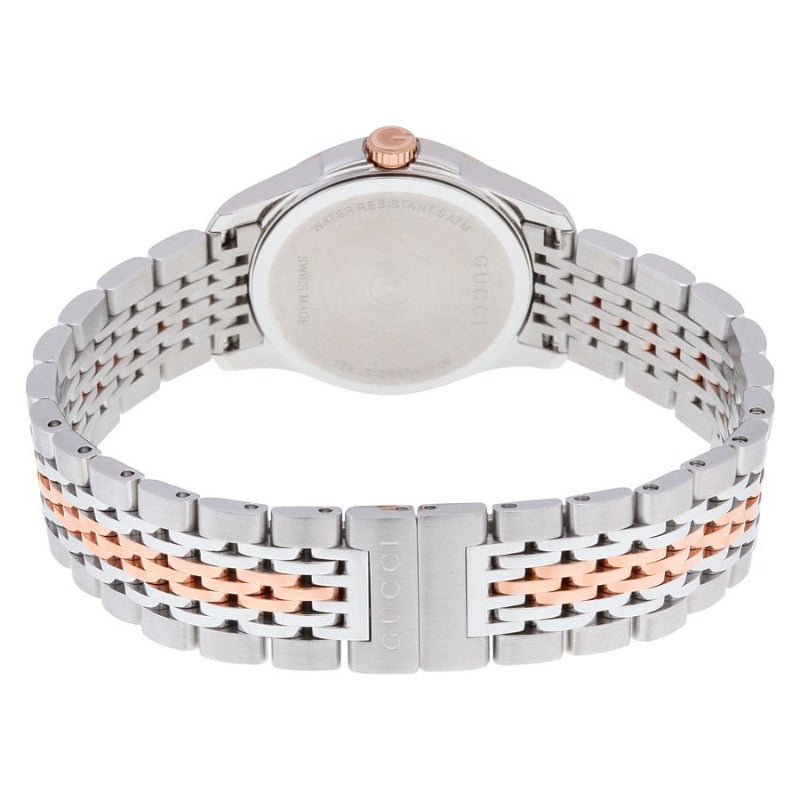 Brand: Gucci Series: G-Timeless Model: YA126512 Gender: Ladies Movement: Quartz Water Resistance: 50 meters / 165 feet Features: Calendar, Diamond, Gold, Stainless Steel