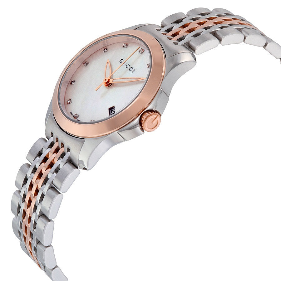 Brand: Gucci Series: G-Timeless Model: YA126514 Gender: Ladies Movement: Quartz Water Resistance: 50 meters / 165 feet Features: Calendar, Diamond, Gold, Stainless Steel