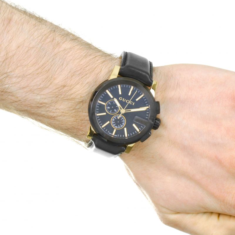 Brand: Gucci Series: G-Chrono Model: YA101203 Gender: Men's Movement: Quartz Water Resistance: 50 meters / 165 feet Features: Chronograph, Gold, Leather, Stainless Steel