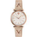 Brand: Versace Series: V-Twist Model: VELS00419 Gender: Ladies Movement: Quartz Water Resistance: 50 meters / 165 feet Features: Analog, Gold, Leather, Stainless Steel