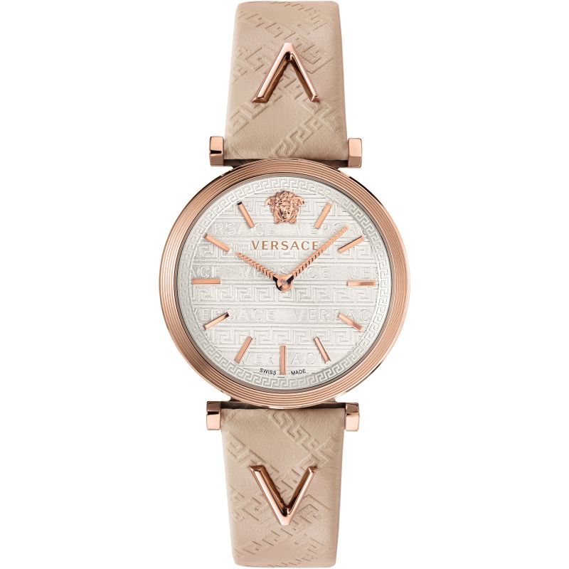 Brand: Versace Series: V-Twist Model: VELS00419 Gender: Ladies Movement: Quartz Water Resistance: 50 meters / 165 feet Features: Analog, Gold, Leather, Stainless Steel