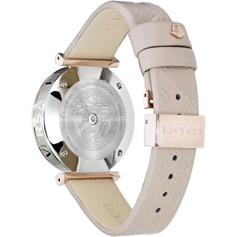 Brand: Versace Series: V-Twist Model: VELS00419 Gender: Ladies Movement: Quartz Water Resistance: 50 meters / 165 feet Features: Analog, Gold, Leather, Stainless Steel