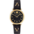 Brand: Versace Series: V-Twist Model: VELS00619 Gender: Ladies Movement: Quartz Water Resistance: 50 meters / 165 feet Features: Stainless Steel, Leather, Gold, Analog