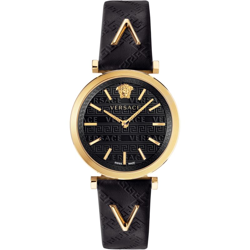 Brand: Versace Series: V-Twist Model: VELS00619 Gender: Ladies Movement: Quartz Water Resistance: 50 meters / 165 feet Features: Stainless Steel, Leather, Gold, Analog