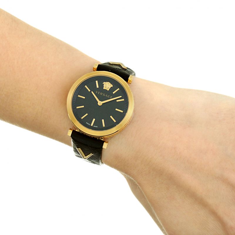 Brand: Versace Series: V-Twist Model: VELS00619 Gender: Ladies Movement: Quartz Water Resistance: 50 meters / 165 feet Features: Stainless Steel, Leather, Gold, Analog