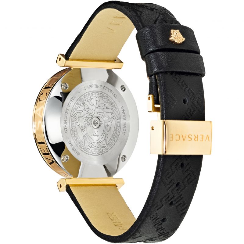 Brand: Versace Series: V-Twist Model: VELS00619 Gender: Ladies Movement: Quartz Water Resistance: 50 meters / 165 feet Features: Stainless Steel, Leather, Gold, Analog