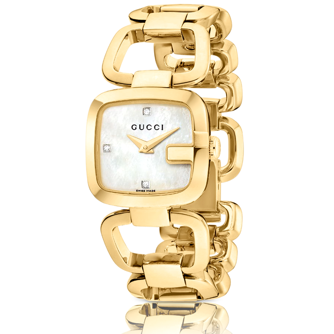 Brand: Gucci Series: G-Gucci Model: YA125513 Gender: Ladies Movement: Quartz Water Resistance: 30 meters / 100 feet Features: Diamond, Gold, Stainless Steel