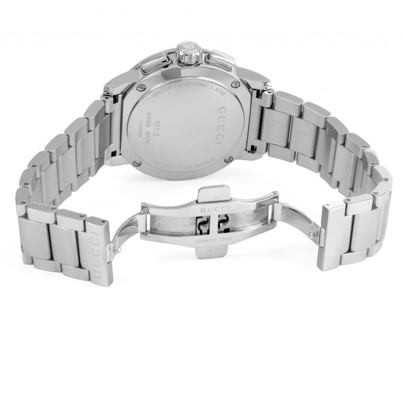 Brand: Gucci Series: Dive Model: YA101204 Gender: Men's Movement: Quartz Water Resistance: 50 meters / 165 feet Features: Chronograph, Stainless Steel, Analog