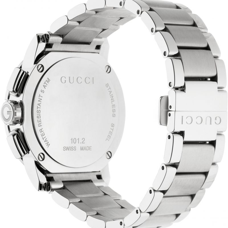 Brand: Gucci Series: Dive Model: YA101204 Gender: Men's Movement: Quartz Water Resistance: 50 meters / 165 feet Features: Chronograph, Stainless Steel, Analog
