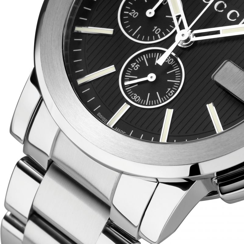 Brand: Gucci Series: Dive Model: YA101204 Gender: Men's Movement: Quartz Water Resistance: 50 meters / 165 feet Features: Chronograph, Stainless Steel, Analog