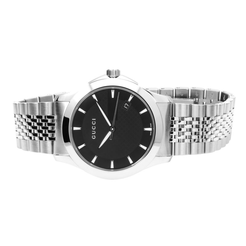 Brand: Gucci Series: G-Timeless Model: YA126402 Gender: Men's Movement: Quartz Water Resistance: 30 meters / 100 feet Features: Diamond, Stainless Steel, Analog
