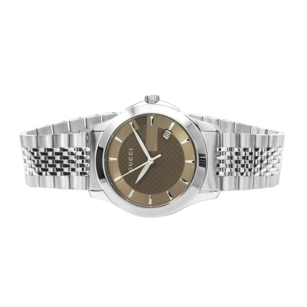 Brand: Gucci Series: G-Timeless Model: YA126406 Gender: Men's Movement: Quartz Water Resistance: 30 meters / 100 feet Features: Stainless Steel, Analog