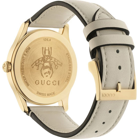 Brand: Gucci Series: G-Timeless Model: YA1264128 Gender: Ladies Movement: Quartz Water Resistance: 50 meters / 165 feet Features: Stainless Steel, Leather, Gold, Analog