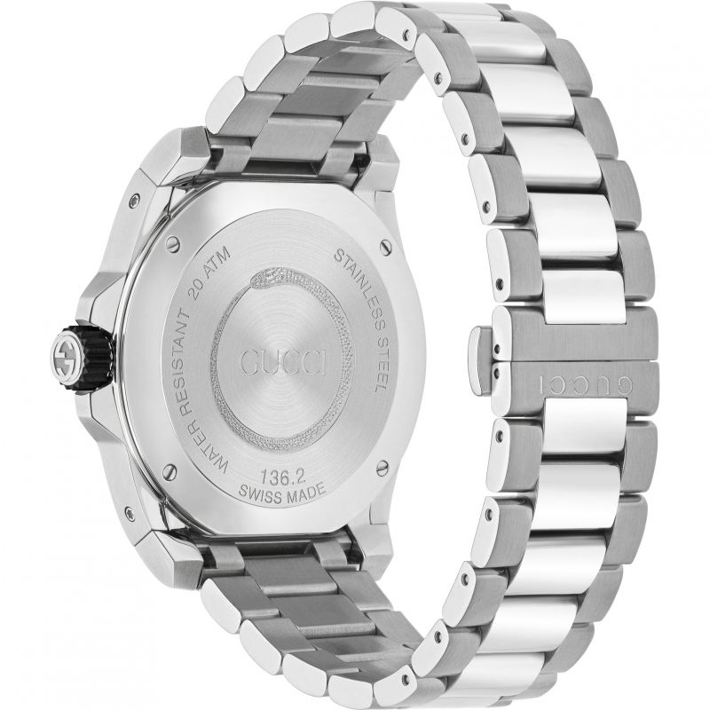 Brand: Gucci Series: Dive Model: YA136218 Gender: Men's Movement: Quartz Water Resistance: 200 meters / 660 feet Features: Stainless Steel, Ceramic, Analog