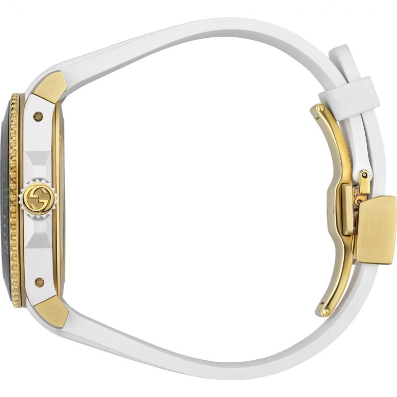 Brand: Gucci Series: Dive Model: YA136322 Gender: Men's Movement: Quartz Water Resistance: 200 meters / 660 feet Features: Analog, Ceramic, Gold, Rubber, Stainless Steel