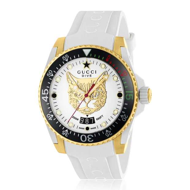 Brand: Gucci Series: Dive Model: YA136322 Gender: Men's Movement: Quartz Water Resistance: 200 meters / 660 feet Features: Analog, Ceramic, Gold, Rubber, Stainless Steel