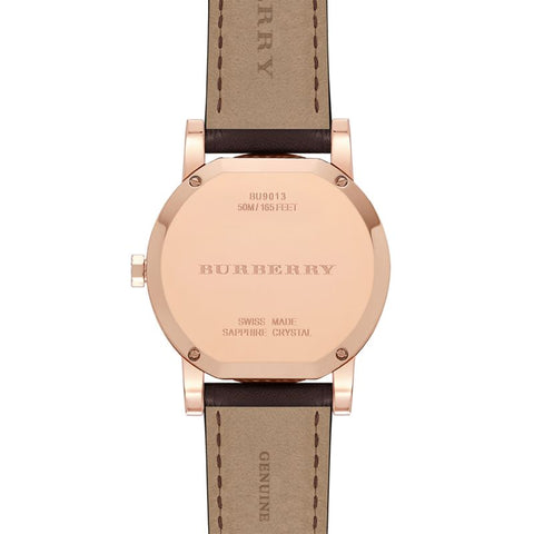 Brand: Burberry Series: Taupe Model: BU9013 Gender: Men's Movement: Quartz Water Resistance: 50 meters / 165 feet Features: Gold, Leather, Stainless Steel