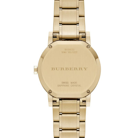 Brand: Burberry Series: The City Model: BU9033 Gender: Men's Movement: Quartz Water Resistance: 50 meters / 165 feet Features: Gold, Stainless Steel