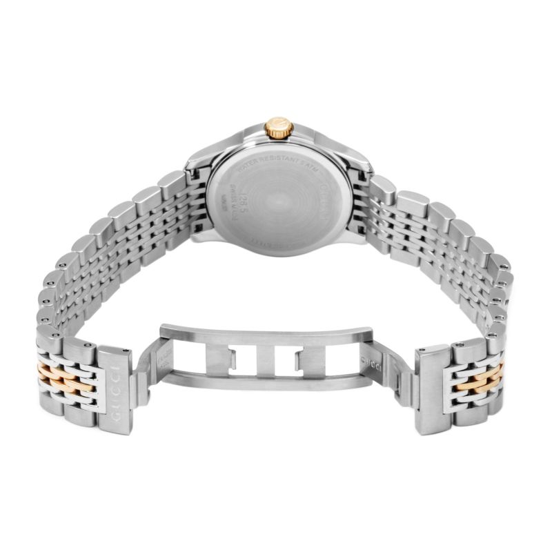 Brand: Gucci Series: G-Timeless Model: YA126514 Gender: Ladies Movement: Quartz Water Resistance: 50 meters / 165 feet Features: Calendar, Diamond, Gold, Stainless Steel
