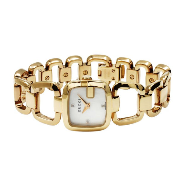 Brand: Gucci Series: G-Gucci Model: YA125513 Gender: Ladies Movement: Quartz Water Resistance: 30 meters / 100 feet Features: Diamond, Gold, Stainless Steel