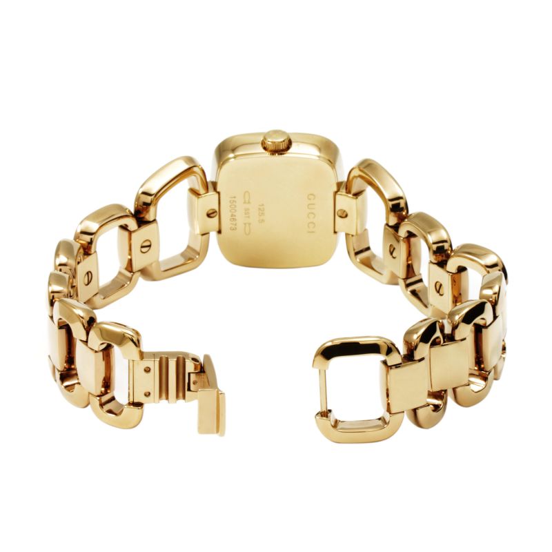 Brand: Gucci Series: G-Gucci Model: YA125513 Gender: Ladies Movement: Quartz Water Resistance: 30 meters / 100 feet Features: Diamond, Gold, Stainless Steel