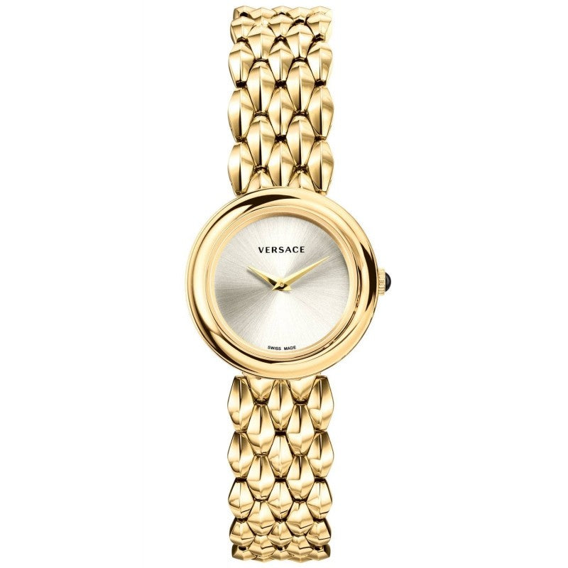 Brand: Versace Series: V-Flare Model: VEBN00718 Gender: Ladies Movement: Quartz Water Resistance: 30 meters / 100 feet Features: Gold, Stainless Steel