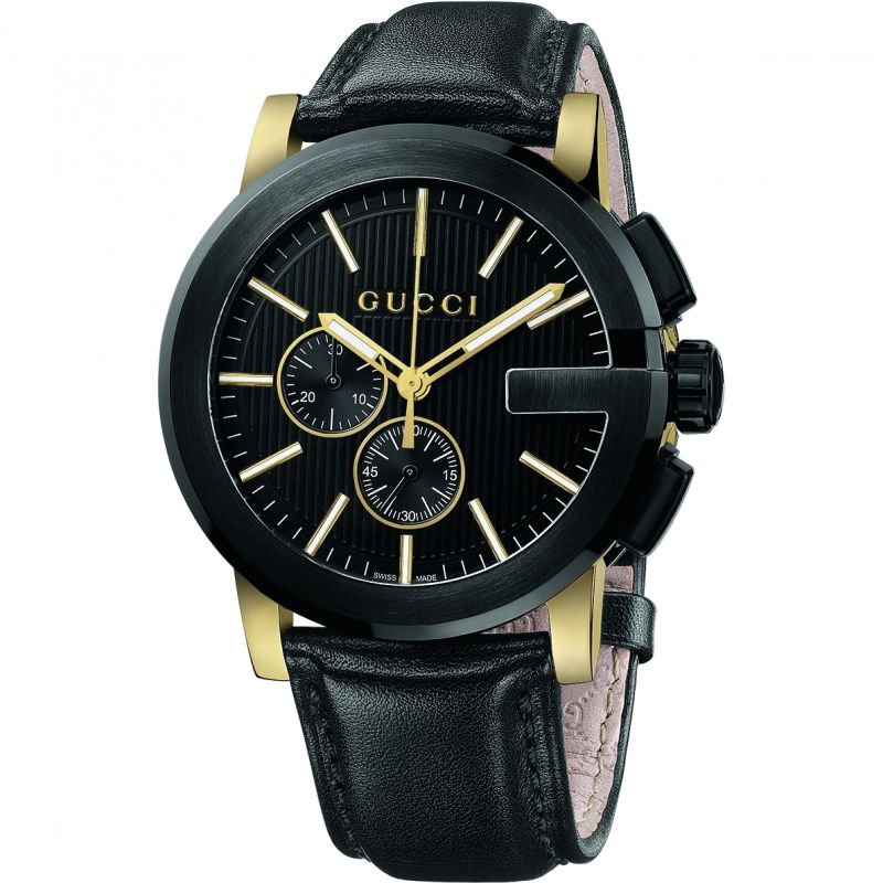 Brand: Gucci Series: G-Chrono Model: YA101203 Gender: Men's Movement: Quartz Water Resistance: 50 meters / 165 feet Features: Chronograph, Gold, Leather, Stainless Steel