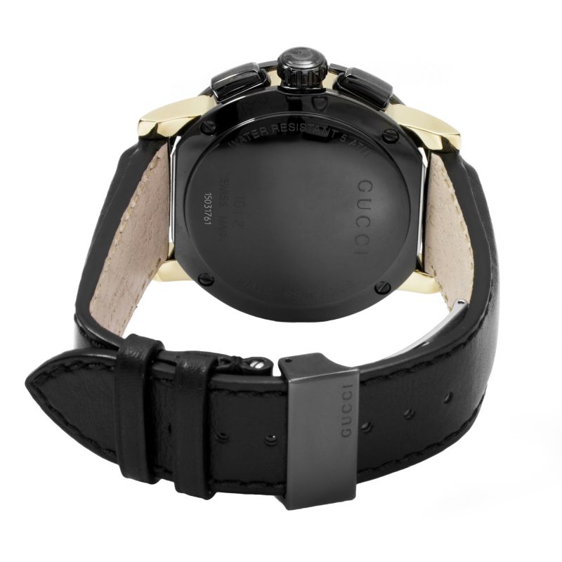 Brand: Gucci Series: G-Chrono Model: YA101203 Gender: Men's Movement: Quartz Water Resistance: 50 meters / 165 feet Features: Chronograph, Gold, Leather, Stainless Steel